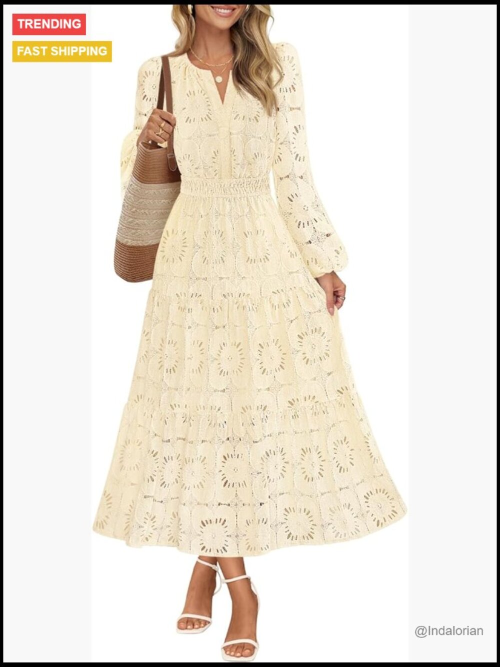 Long Sleeve Floral Eyelet Maxi Dress with Pockets, Viscose Polyamide Blend